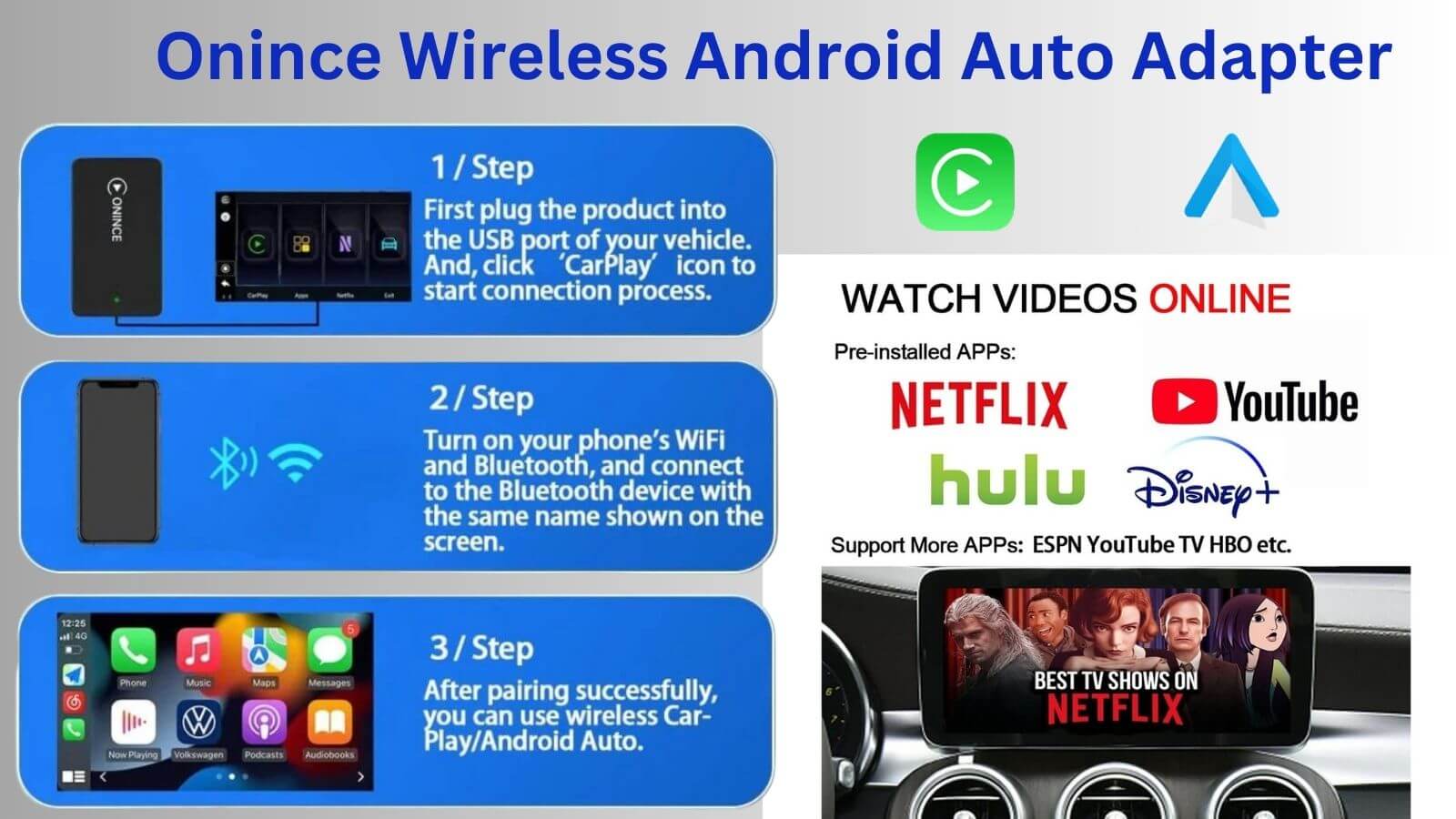 Onince Ai Box Wireless Android Auto Adapter for Netflix and Youtube 