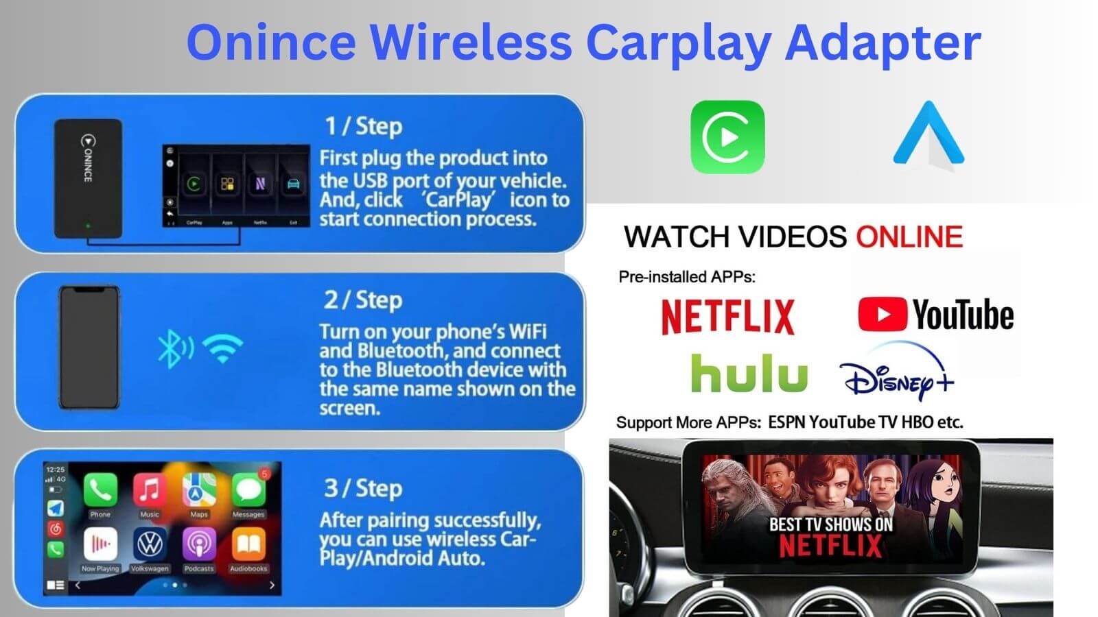 Onince Ai Box Wireless Carplay Adapter for Netflix and Youtube video streaming